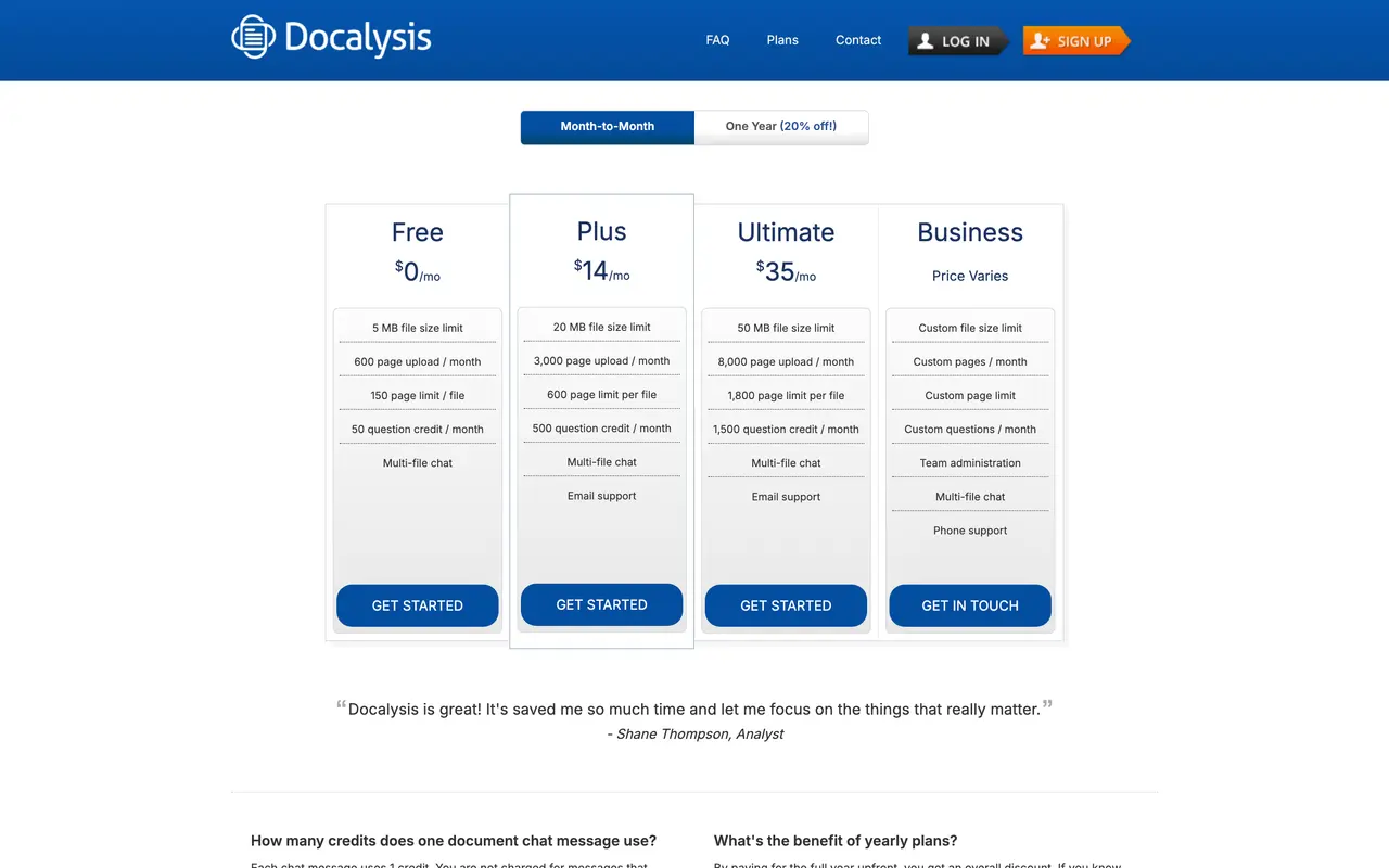 Docalysis pricing page - AI Search & RAG SaaS pricing tiers and plans