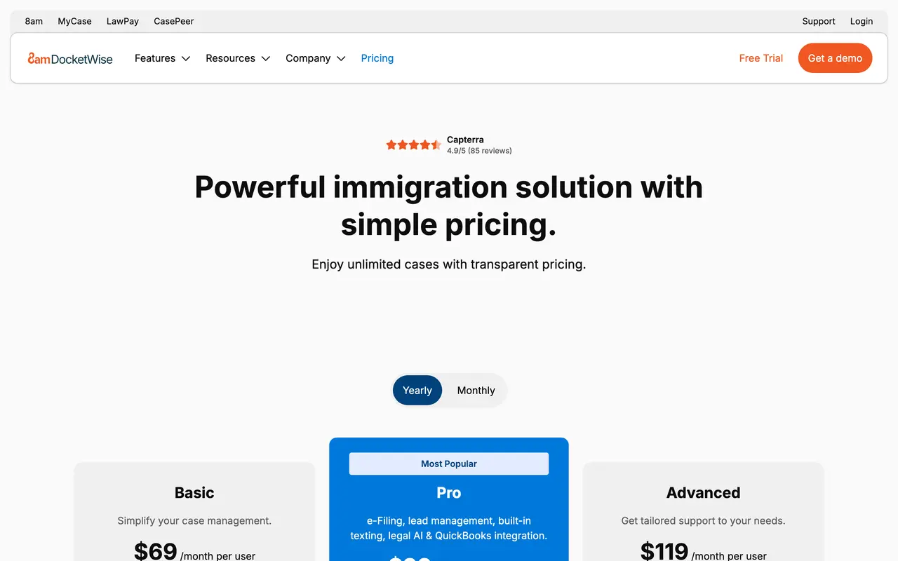 Docketwise pricing page - Legal SaaS pricing tiers and plans