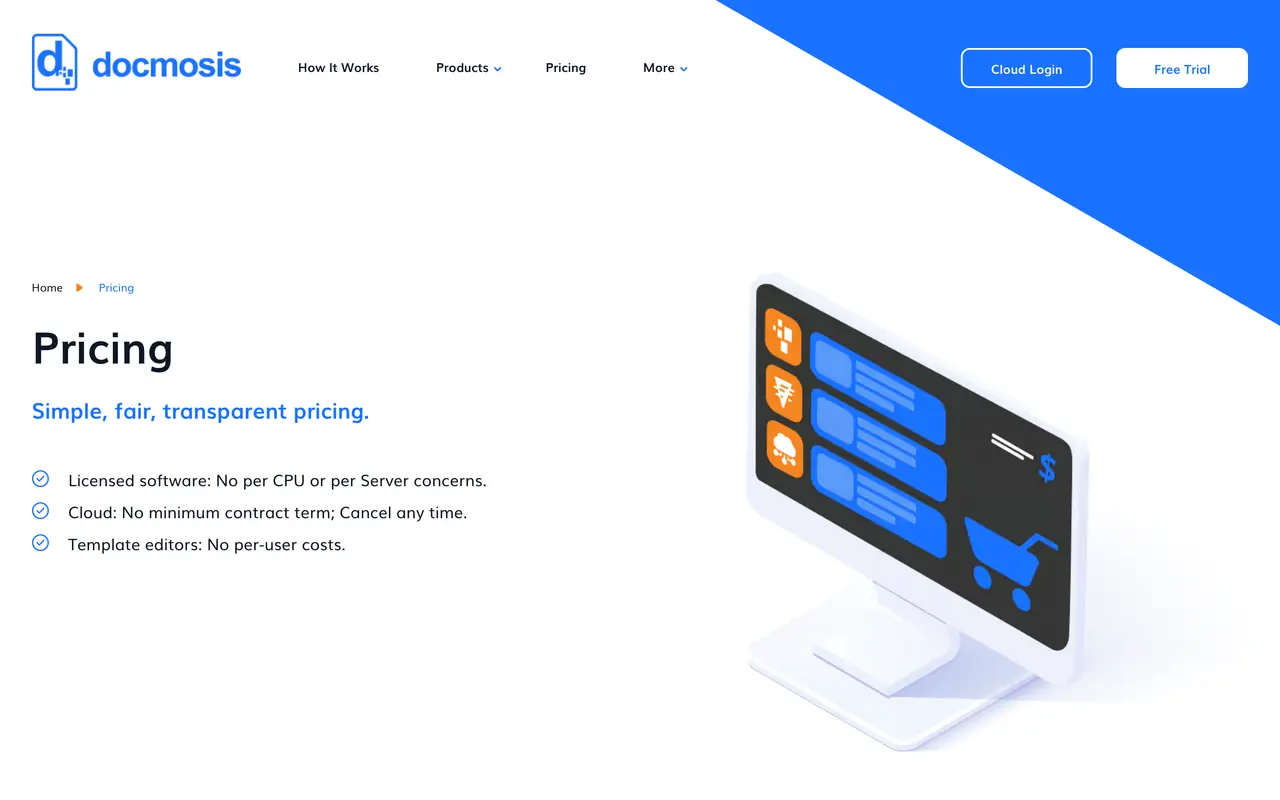 Docmosis pricing page - Document Generation SaaS pricing tiers and plans
