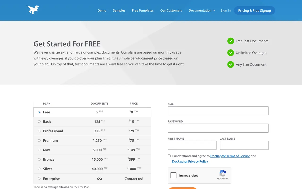 DocRaptor pricing page - Document Generation SaaS pricing tiers and plans