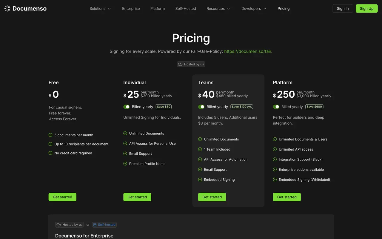 Documenso pricing page - E-Signature SaaS pricing tiers and plans