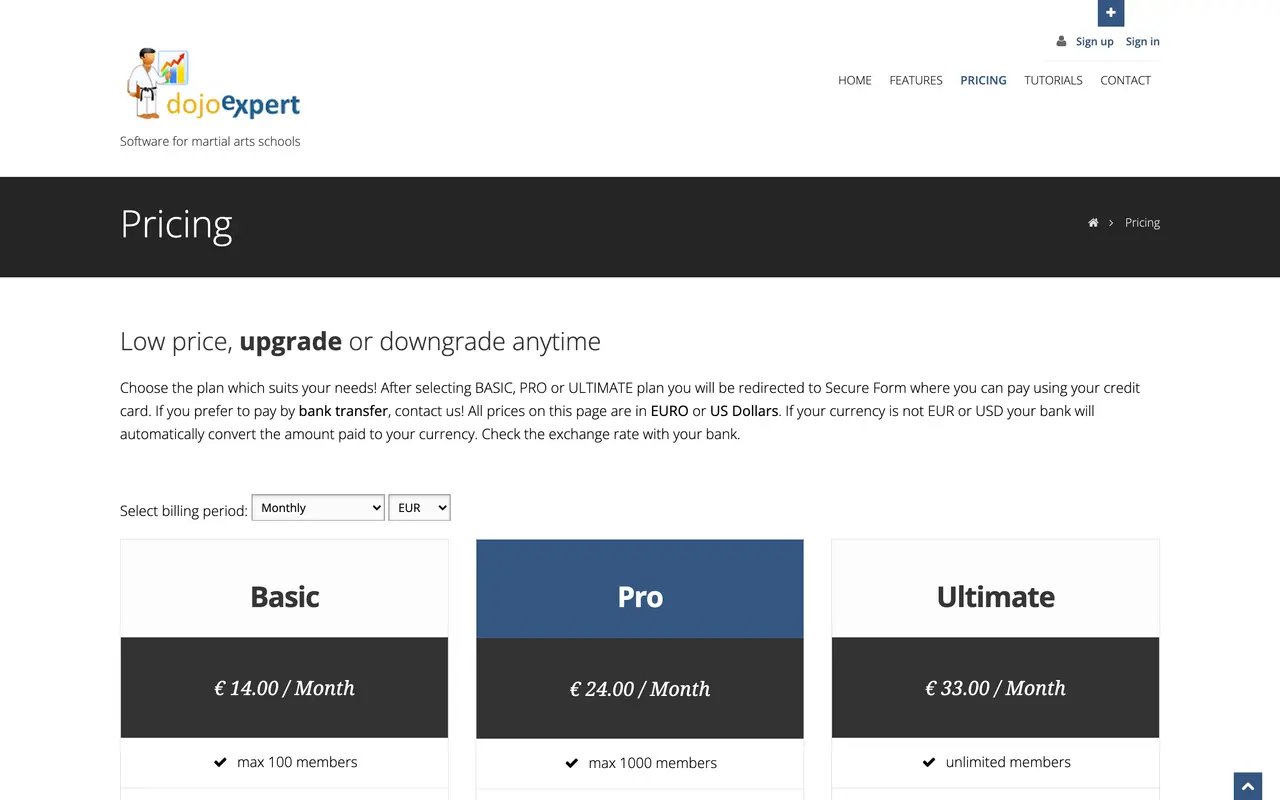 Dojo Expert pricing page - Martial Arts SaaS pricing tiers and plans