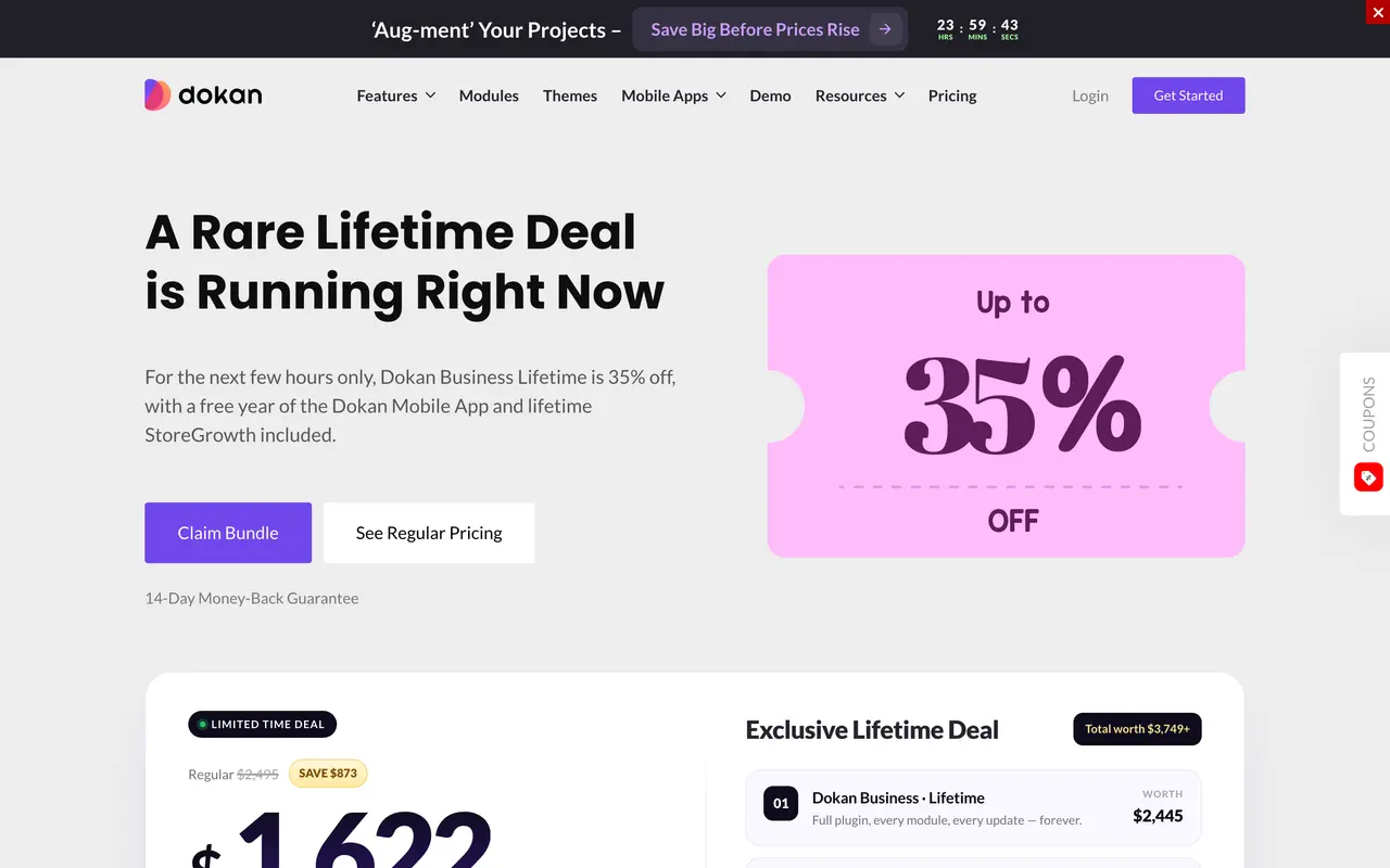 Dokan pricing page - WooCommerce SaaS pricing tiers and plans