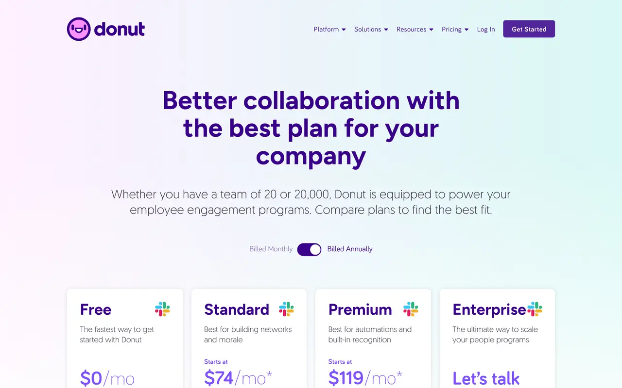 Donut pricing page - Slack SaaS pricing tiers and plans