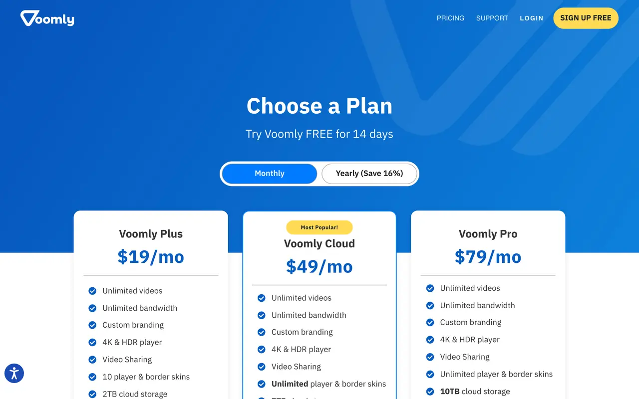 Voomly pricing page - Video SaaS pricing tiers and plans