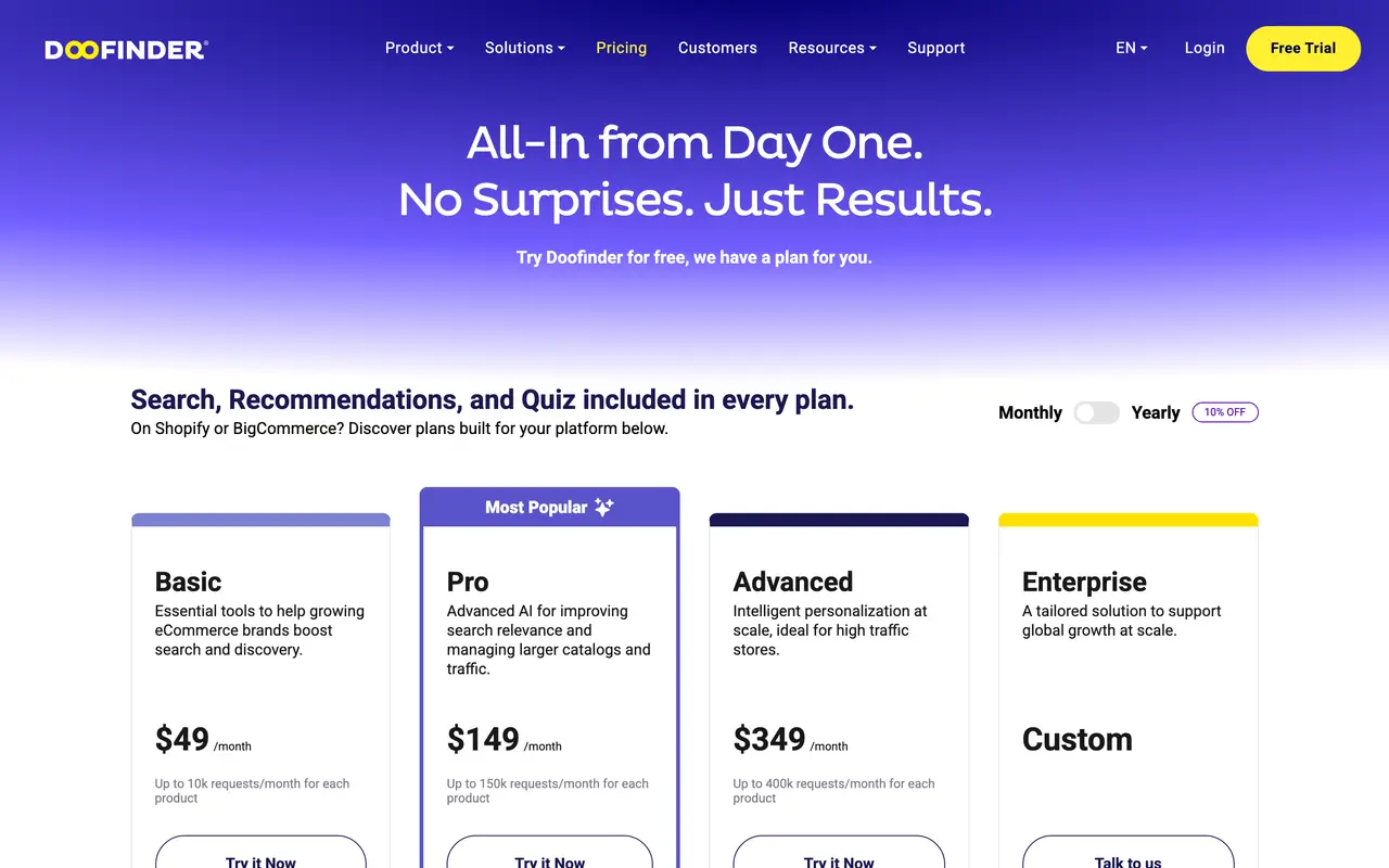 Doofinder pricing page - Site Search SaaS pricing tiers and plans