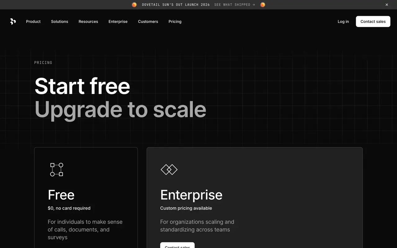 Dovetail pricing page - Customer Feedback SaaS pricing tiers and plans