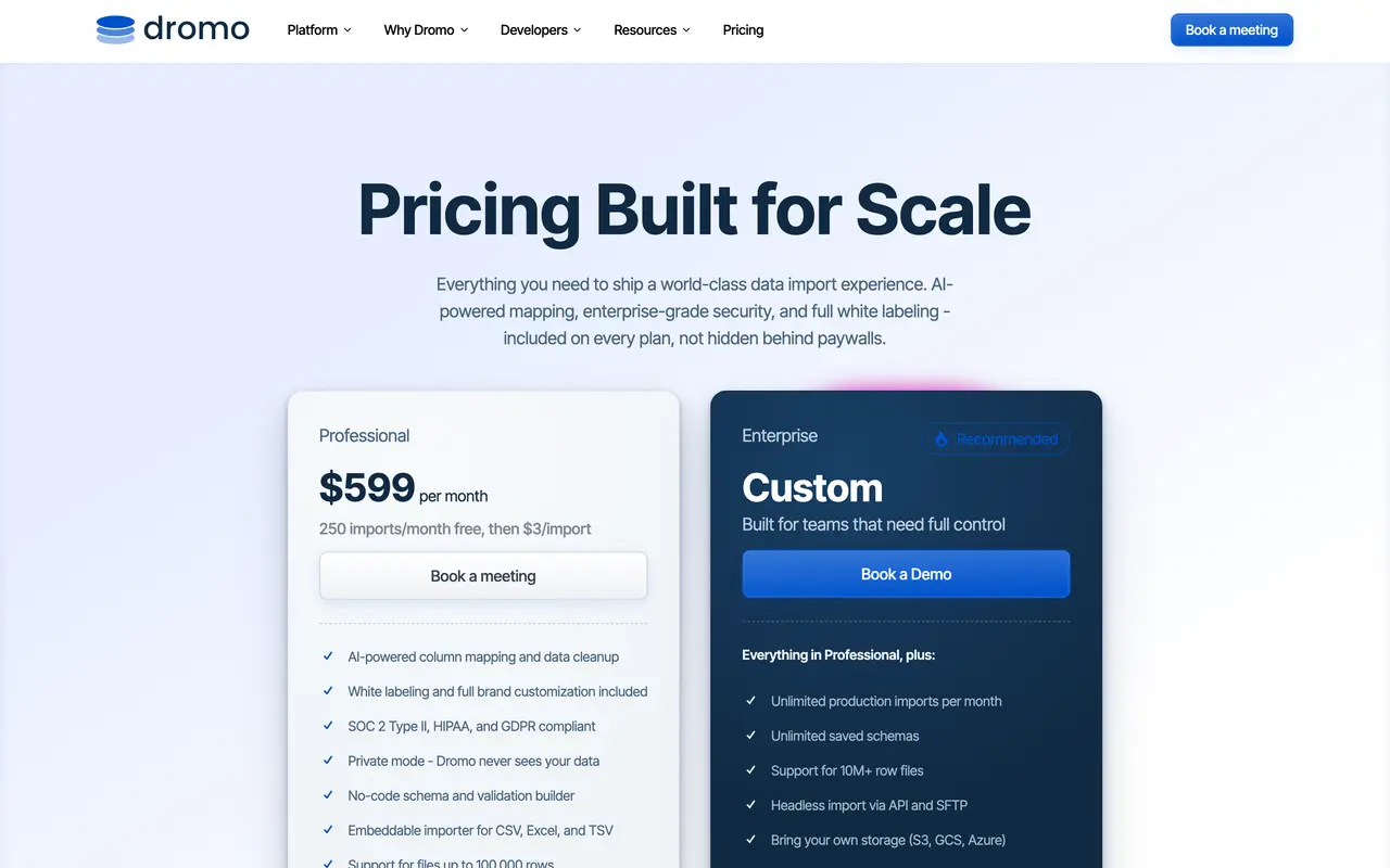Dromo pricing page - Data SaaS pricing tiers and plans