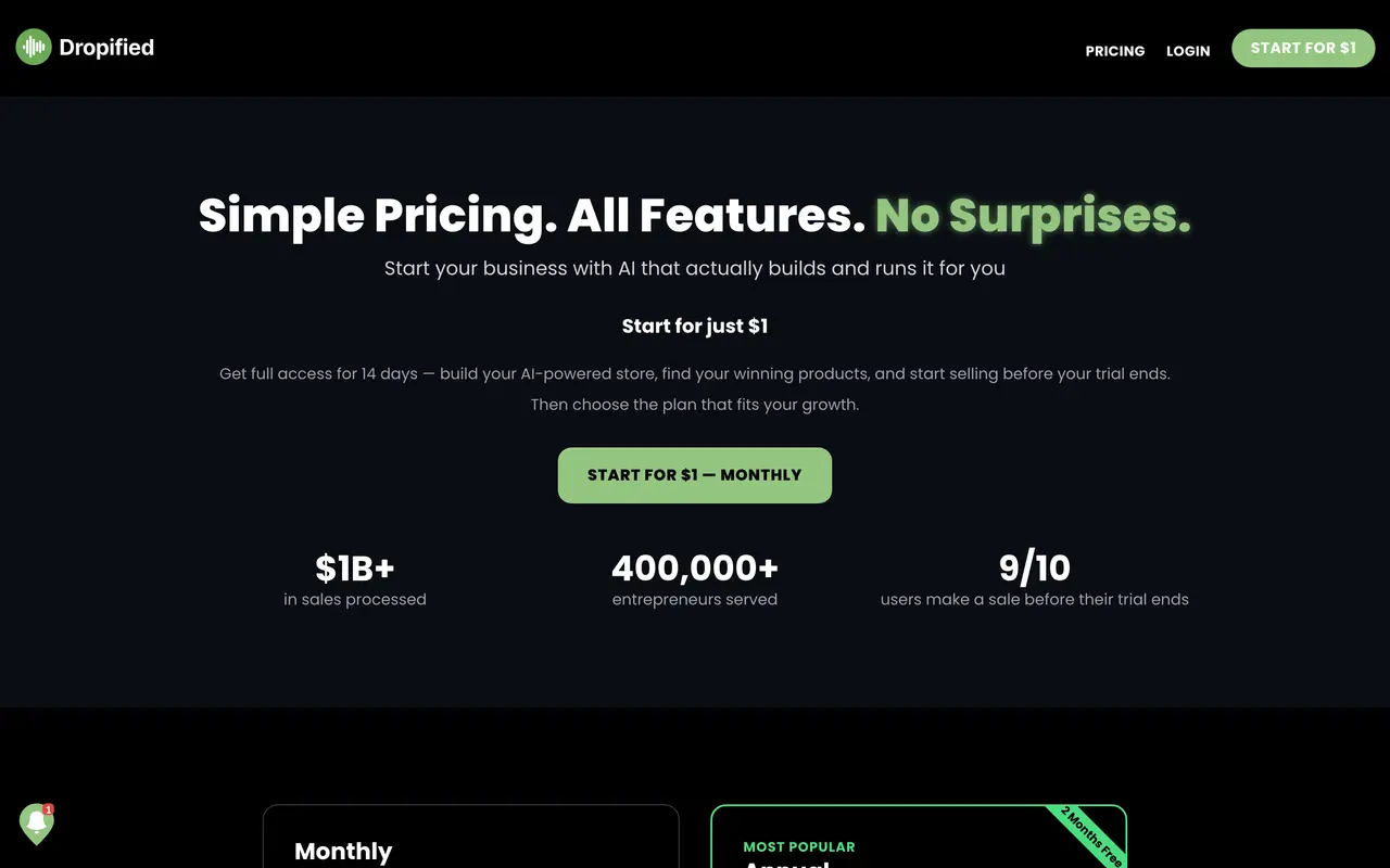 Dropified pricing page - Dropshipping SaaS pricing tiers and plans