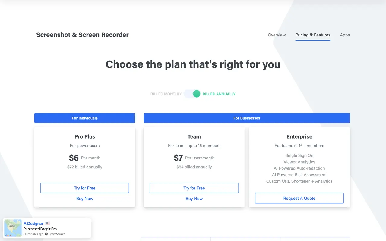 Droplr pricing page - Video SaaS pricing tiers and plans