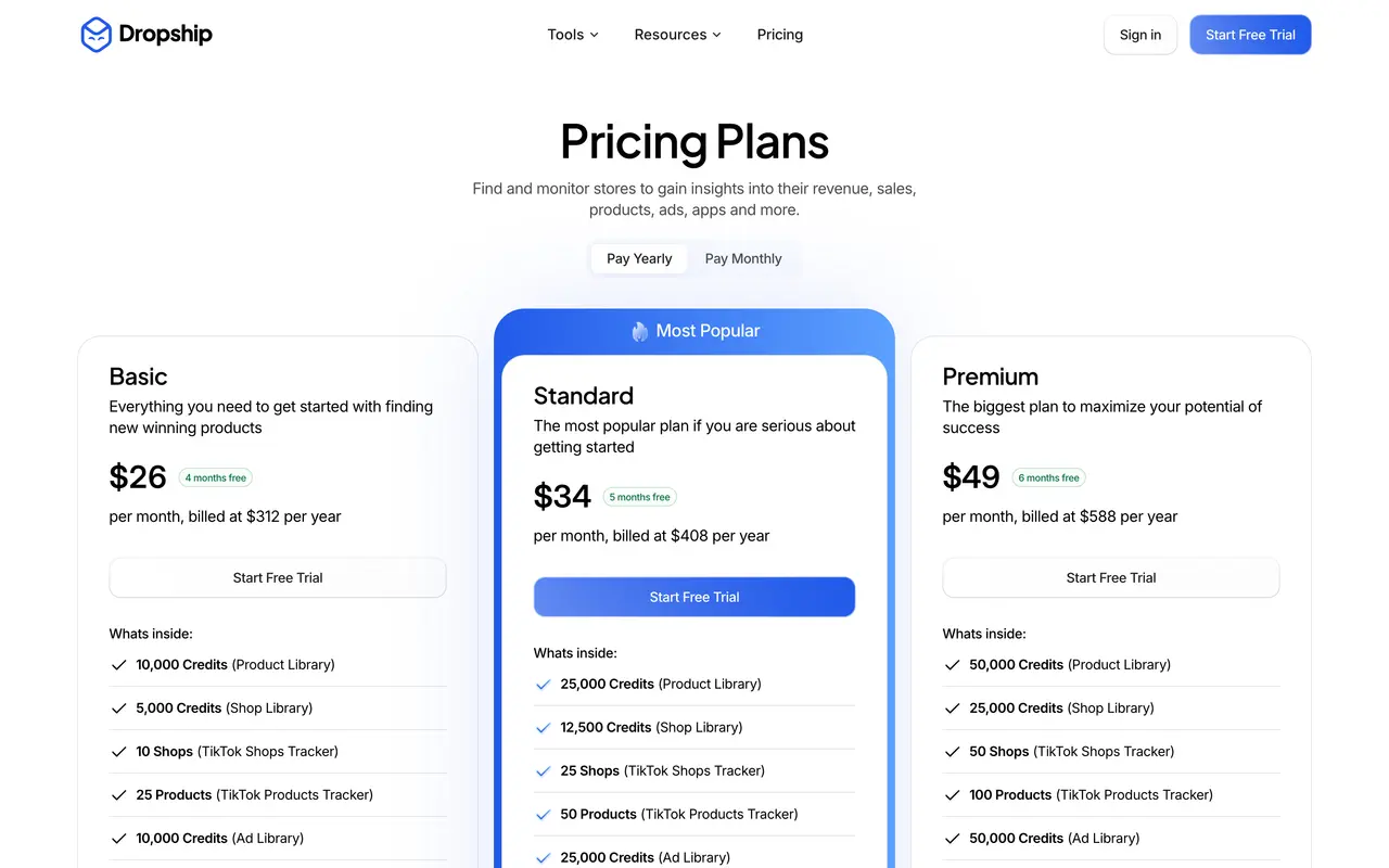 Dropship pricing page - Ecommerce SaaS pricing tiers and plans