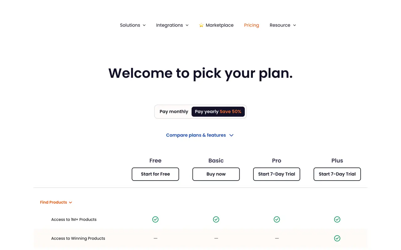 Dropshipman pricing page - Dropshipping SaaS pricing tiers and plans