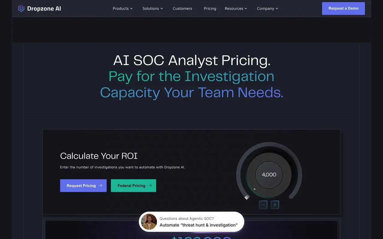 Dropzone AI pricing page - AI Security & Compliance SaaS pricing tiers and plans