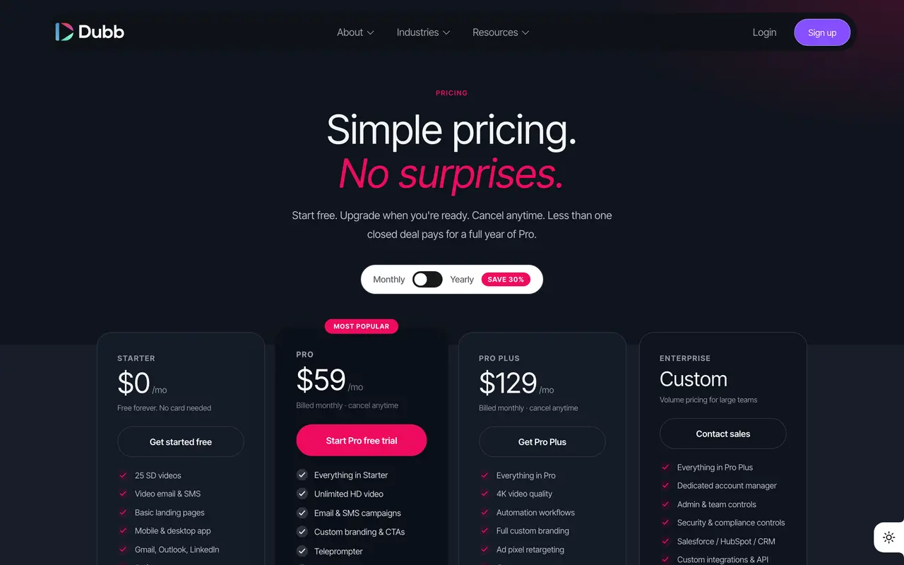 Dubb pricing page - Video SaaS pricing tiers and plans