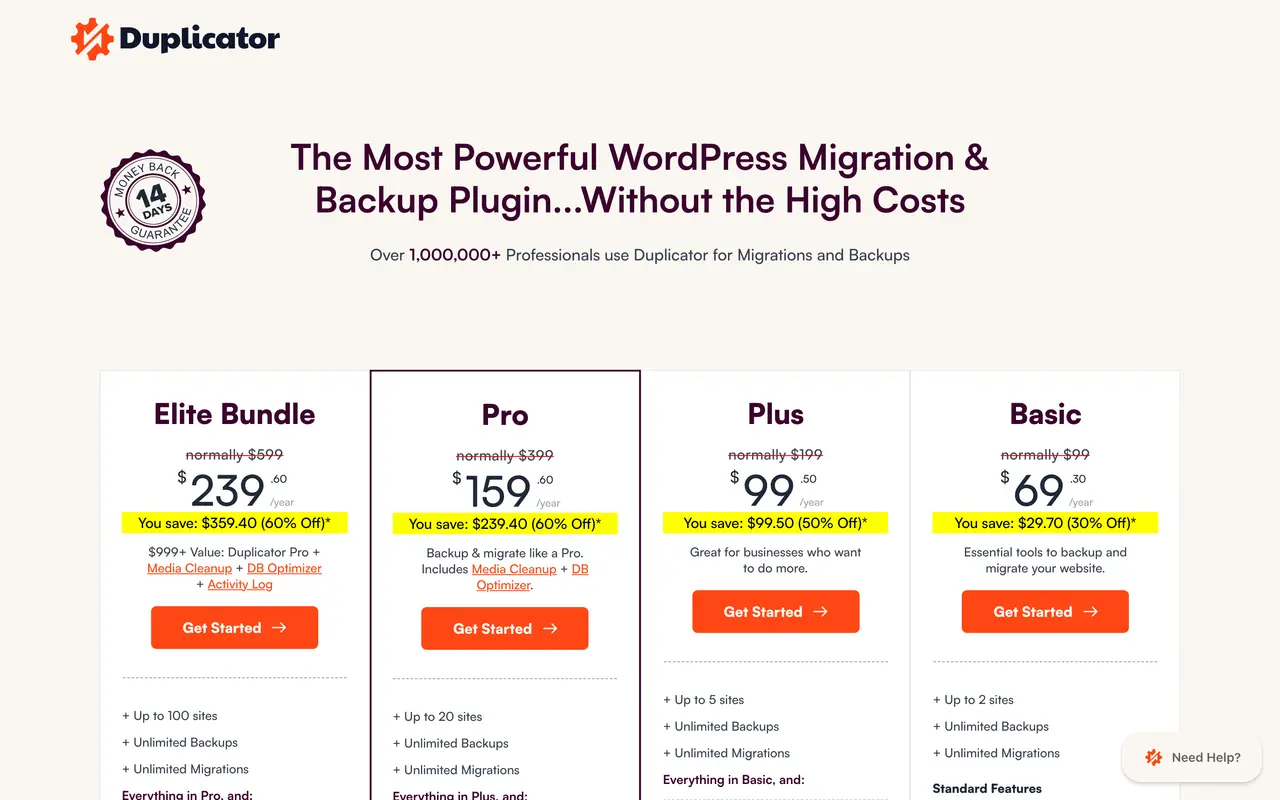 Duplicator pricing page - WordPress SaaS pricing tiers and plans