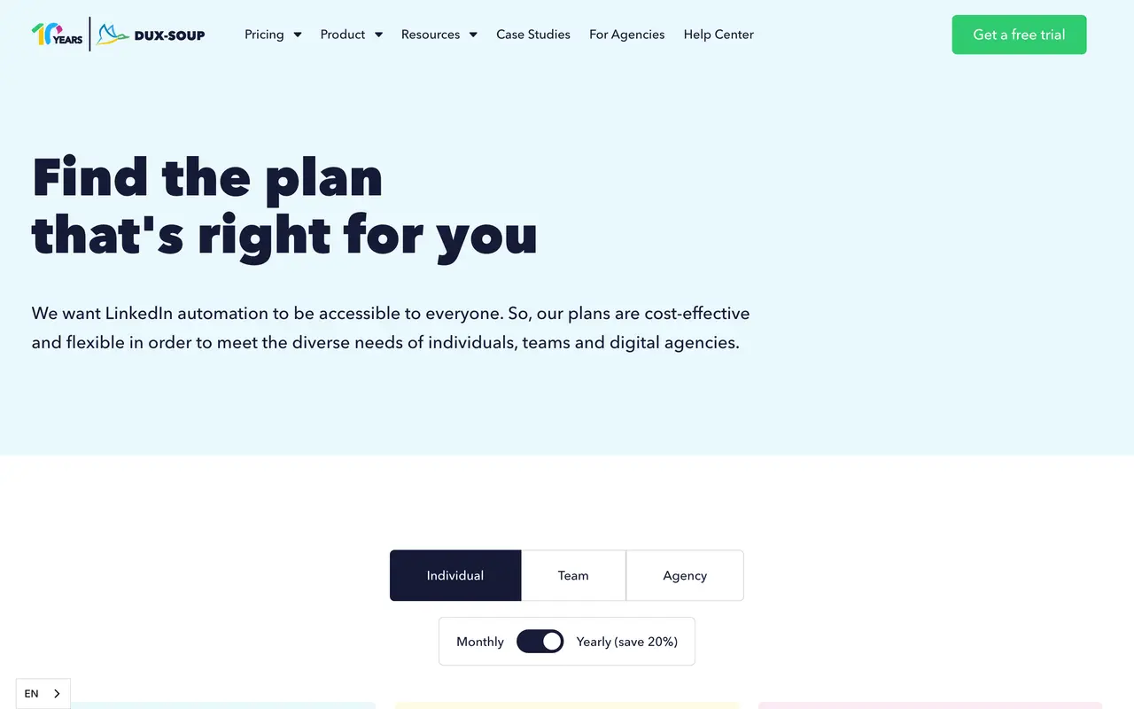 Dux-Soup pricing page - Social Media SaaS pricing tiers and plans