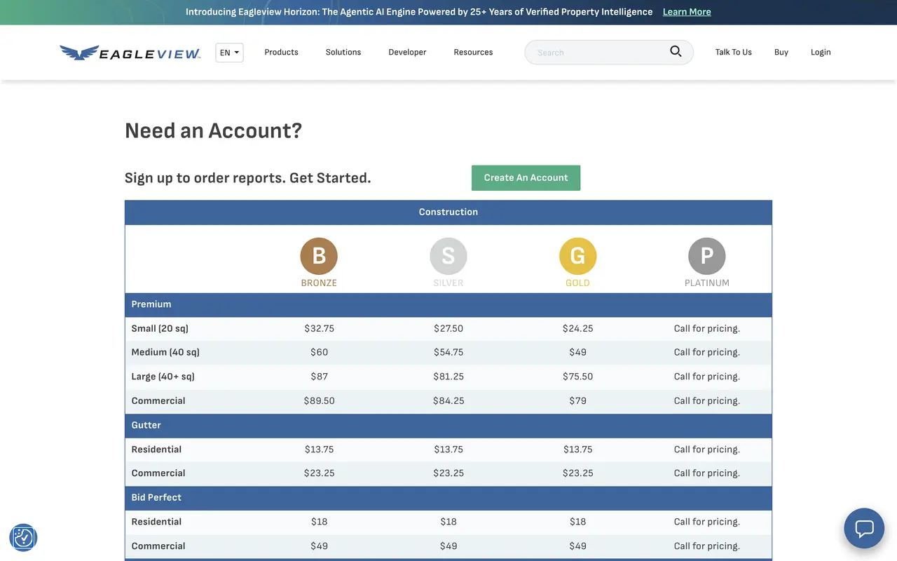 EagleView pricing page - Roofing SaaS pricing tiers and plans