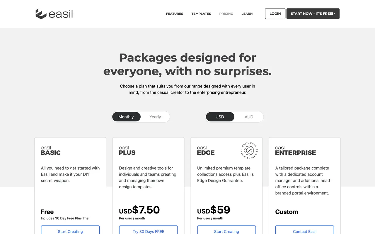 Easil pricing page - Design SaaS pricing tiers and plans