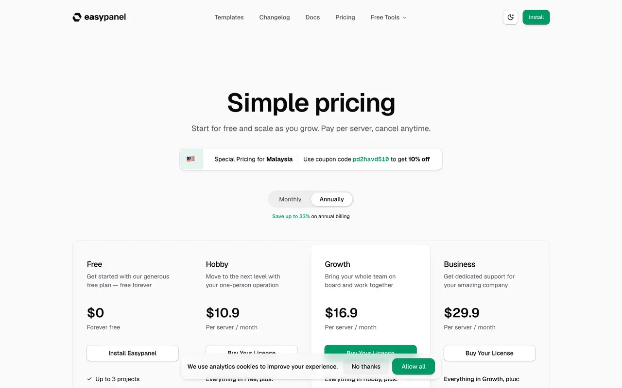 Easypanel pricing page - Hosting SaaS pricing tiers and plans