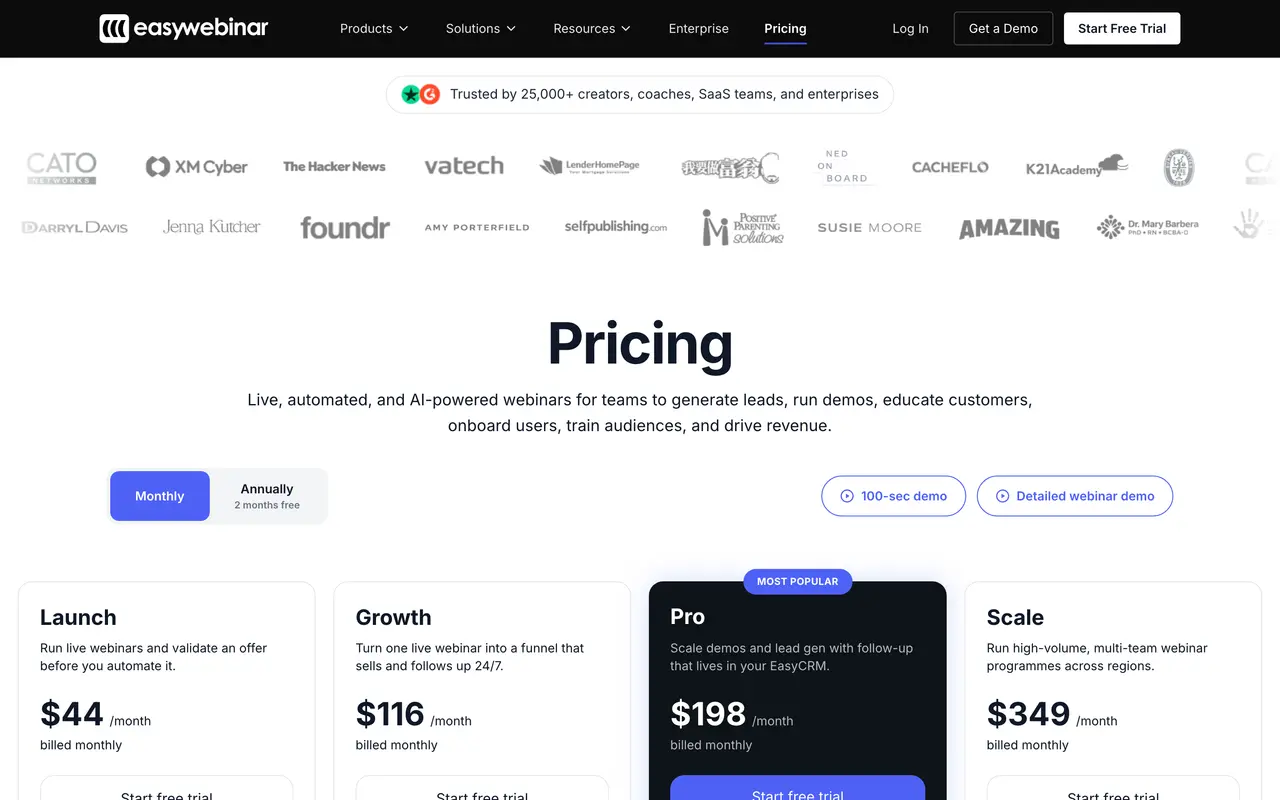 EasyWebinar pricing page - Webinars SaaS pricing tiers and plans