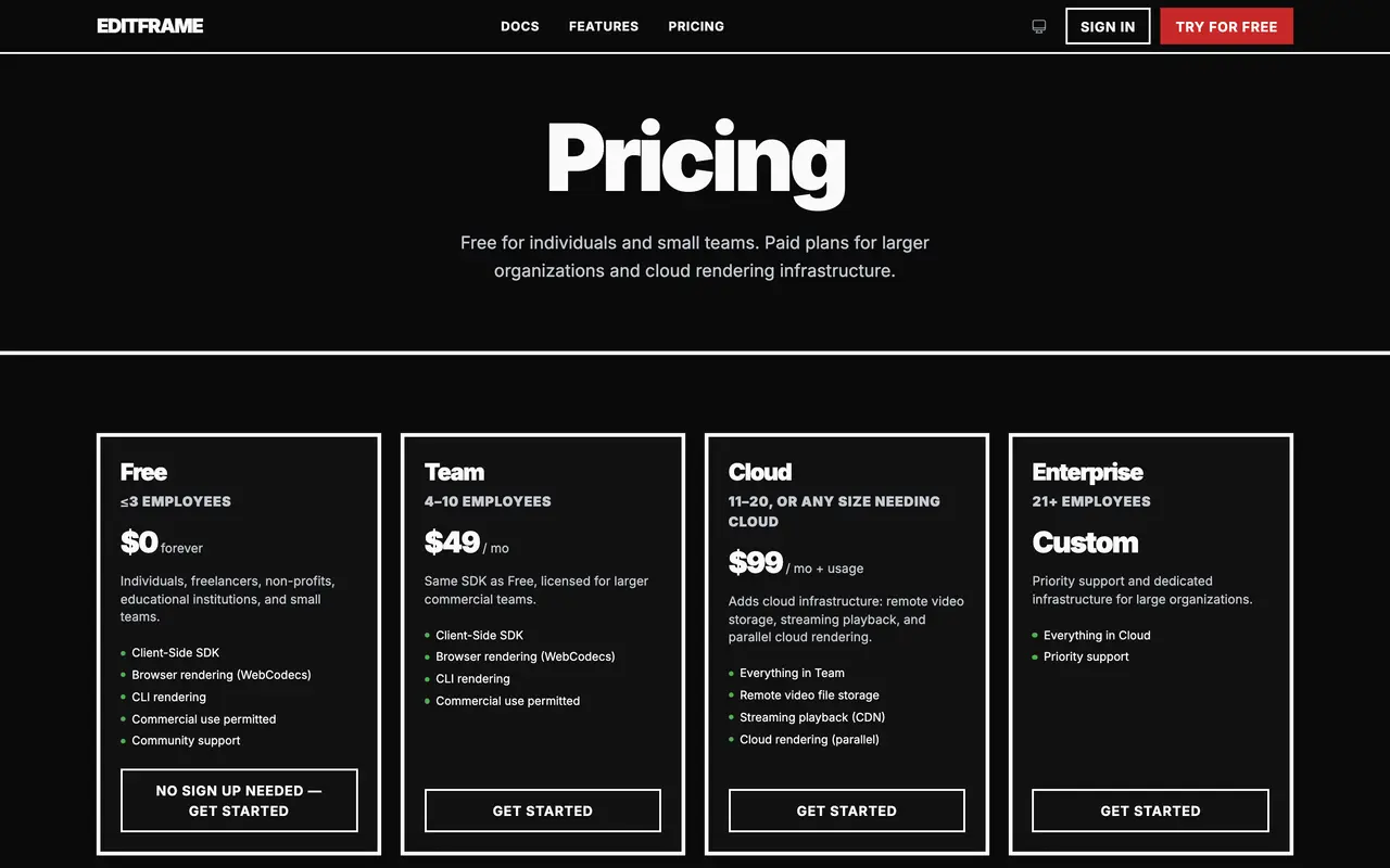 Editframe pricing page - Video SaaS pricing tiers and plans