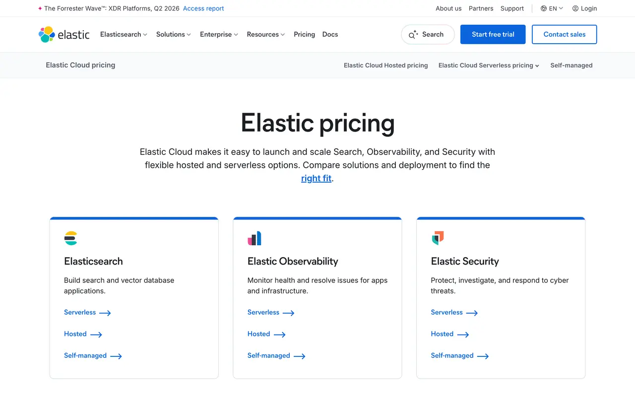Elastic pricing page - AI Search & RAG SaaS pricing tiers and plans