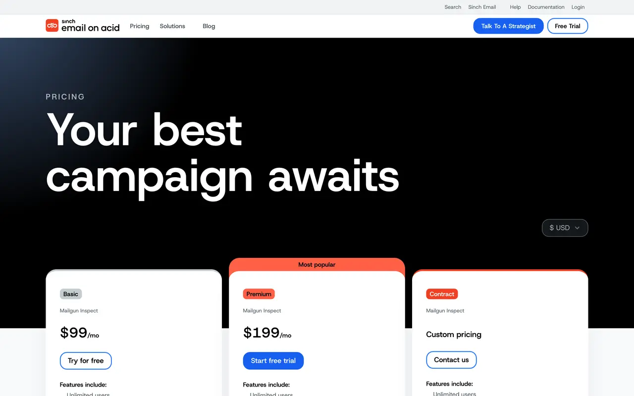 Email on Acid pricing page - Email & Newsletter SaaS pricing tiers and plans