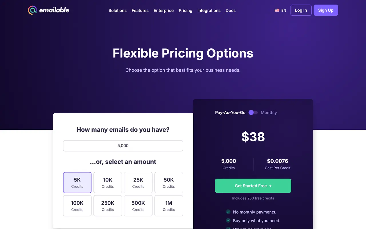 Emailable pricing page - API Tools SaaS pricing tiers and plans