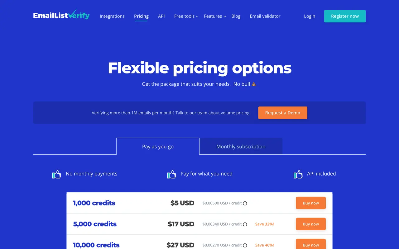 EmailListVerify pricing page - Email Deliverability SaaS pricing tiers and plans