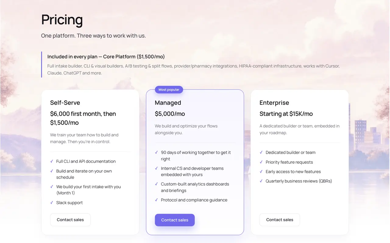 Embeddables pricing page - Healthcare & Wellness SaaS pricing tiers and plans
