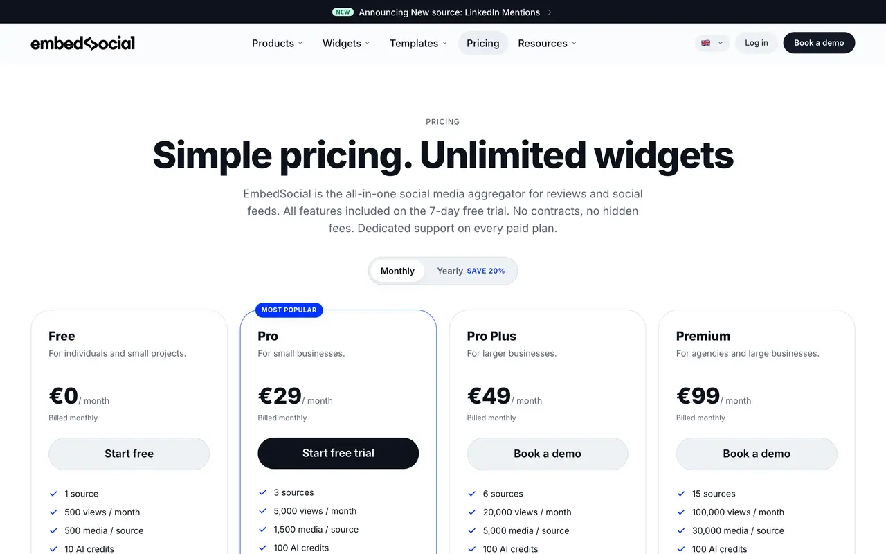 EmbedSocial pricing page - Widgets SaaS pricing tiers and plans