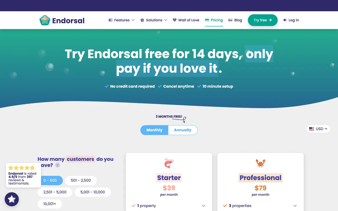 Endorsal pricing page - Testimonials SaaS pricing tiers and plans
