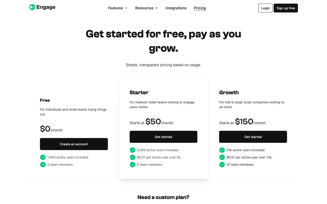 Engage pricing page - Communication SaaS pricing tiers and plans