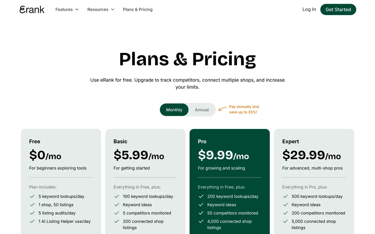 eRank pricing page - Seller Tools SaaS pricing tiers and plans