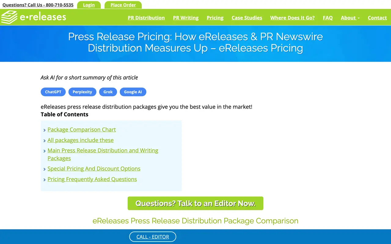 eReleases pricing page - PR SaaS pricing tiers and plans
