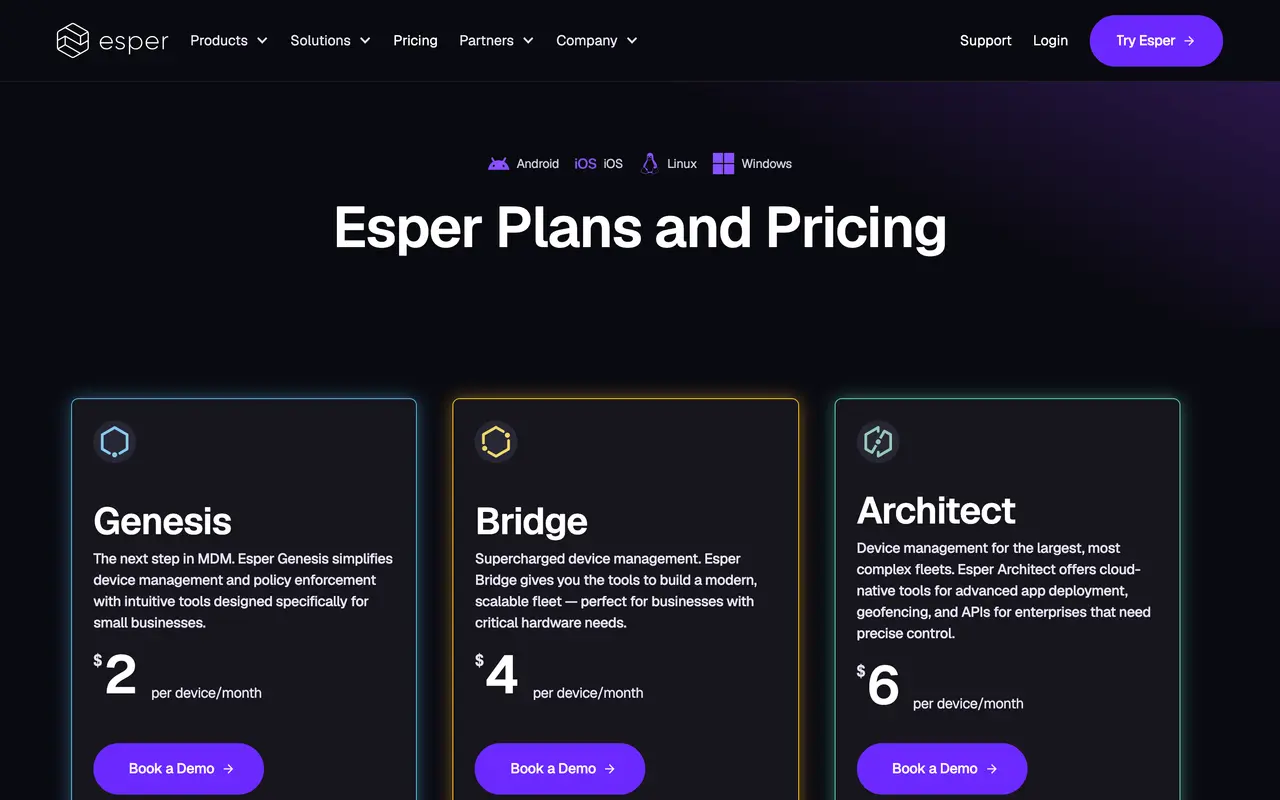 Esper pricing page - IT Service Management SaaS pricing tiers and plans