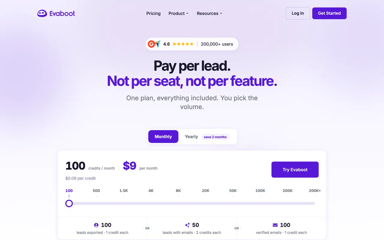 Evaboot pricing page - Lead Generation SaaS pricing tiers and plans