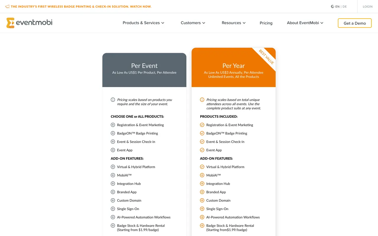 EventMobi pricing page - Events SaaS pricing tiers and plans