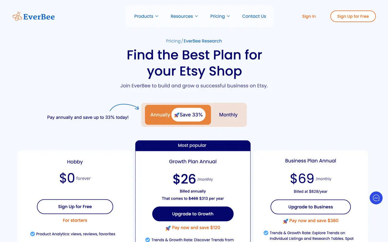 EverBee pricing page - Seller Tools SaaS pricing tiers and plans