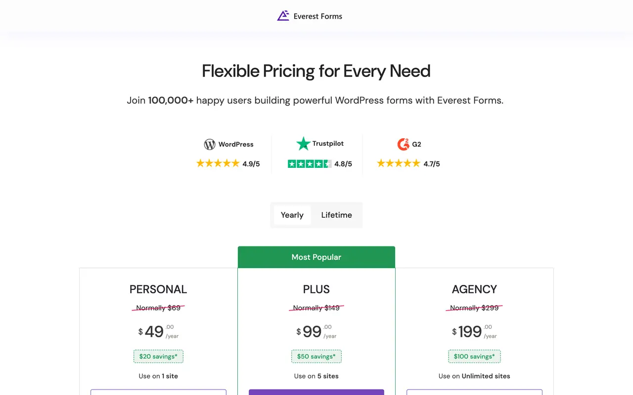 Everest Forms pricing page - Forms SaaS pricing tiers and plans