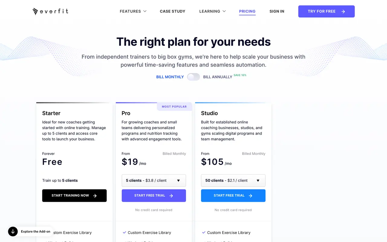 Everfit pricing page - Healthcare & Wellness SaaS pricing tiers and plans