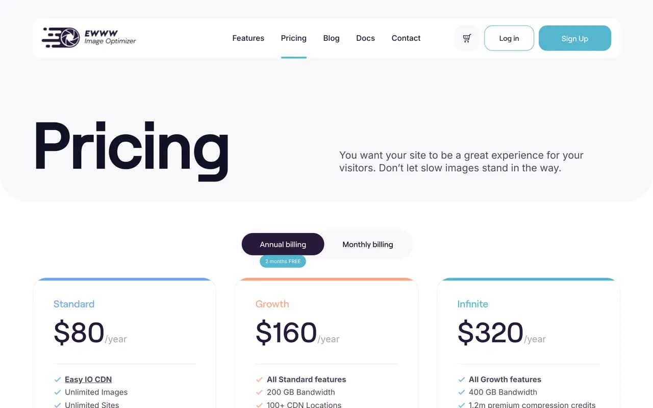 EWWW Image Optimizer pricing page - WordPress SaaS pricing tiers and plans