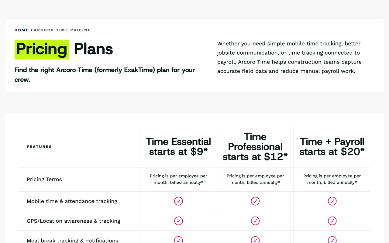 Arcoro Time pricing page - Construction SaaS pricing tiers and plans