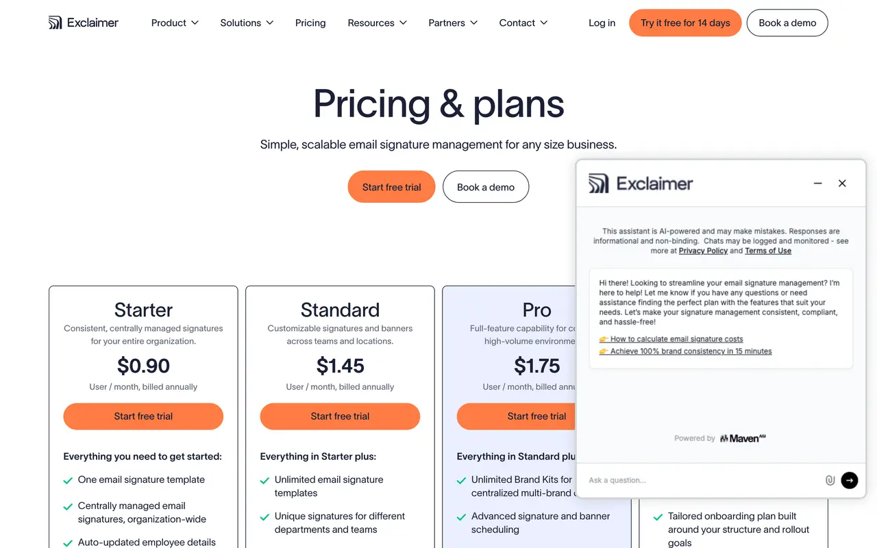 Exclaimer pricing page - Email Signature SaaS pricing tiers and plans