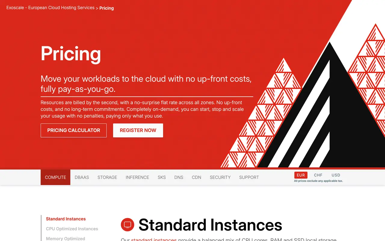 Exoscale pricing page - Hosting SaaS pricing tiers and plans