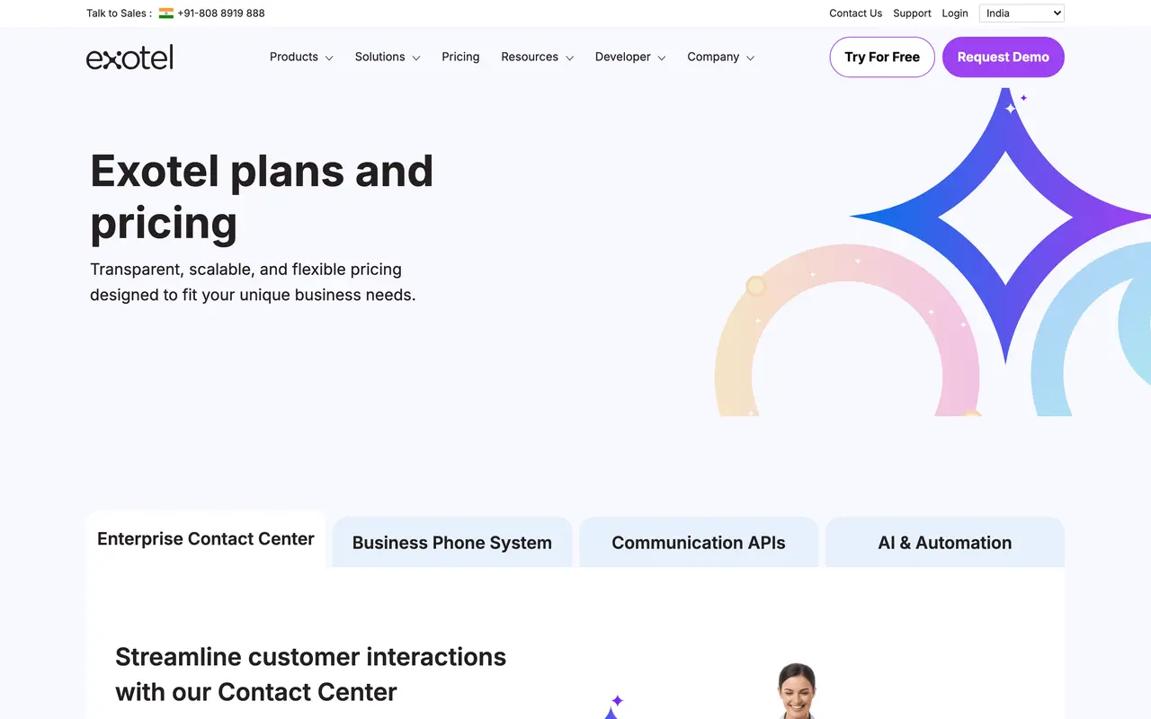 Exotel pricing page - Communication SaaS pricing tiers and plans