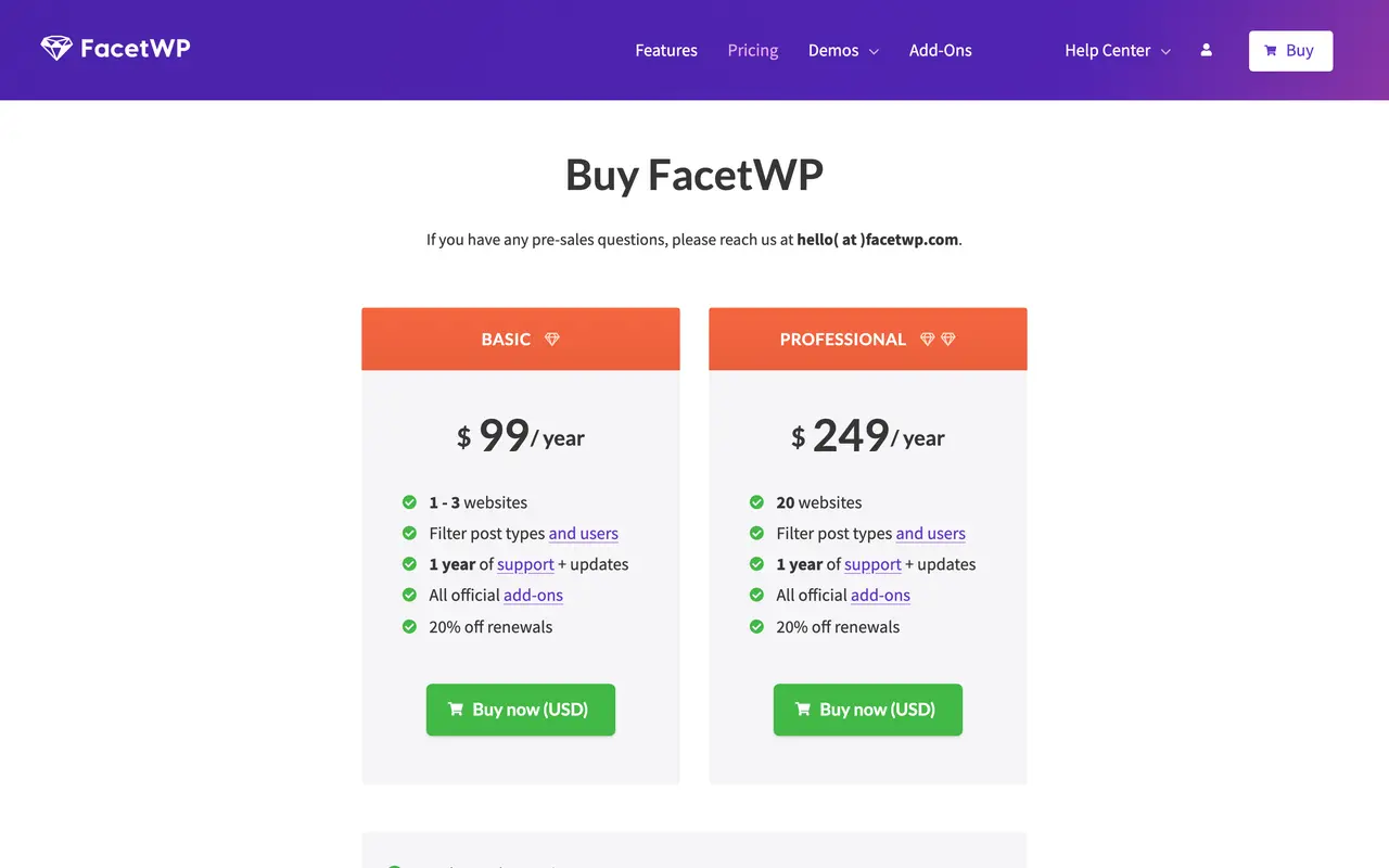 FacetWP pricing page - WordPress SaaS pricing tiers and plans