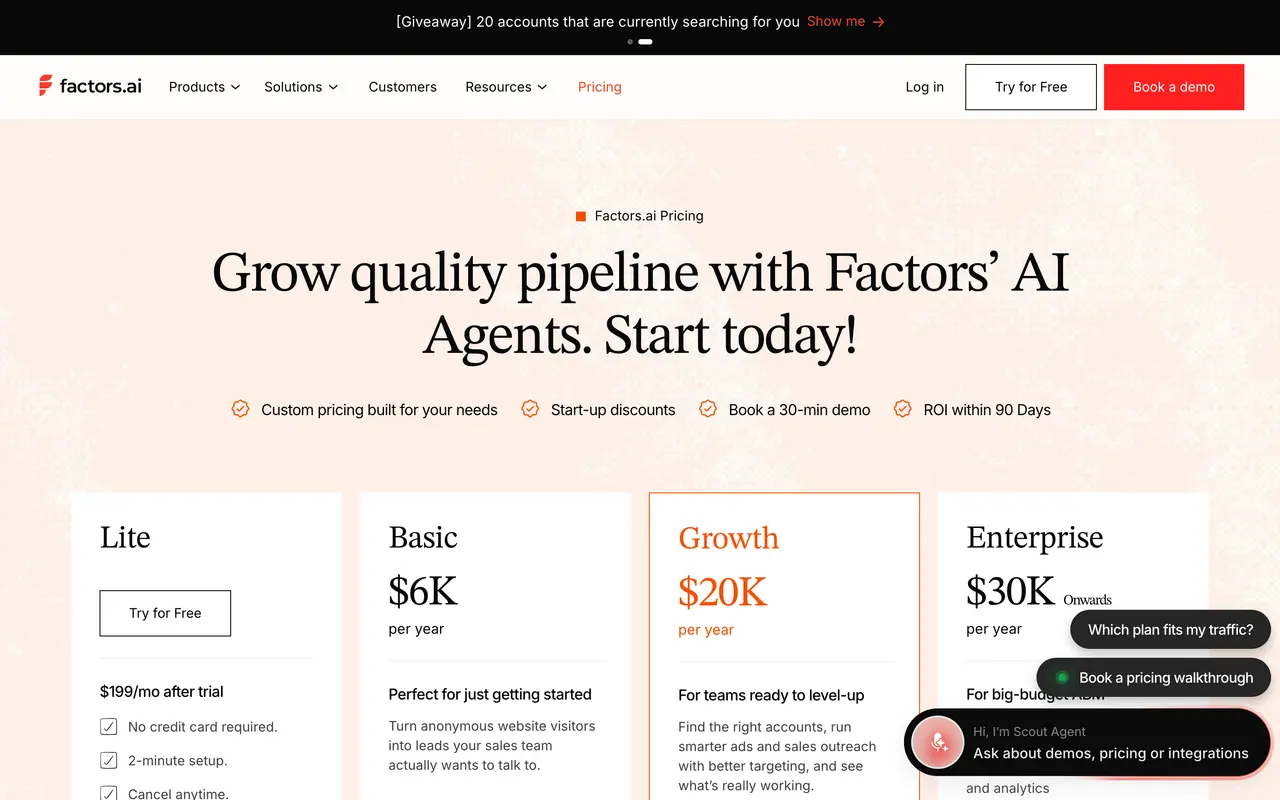 Factors.ai pricing page - Analytics SaaS pricing tiers and plans