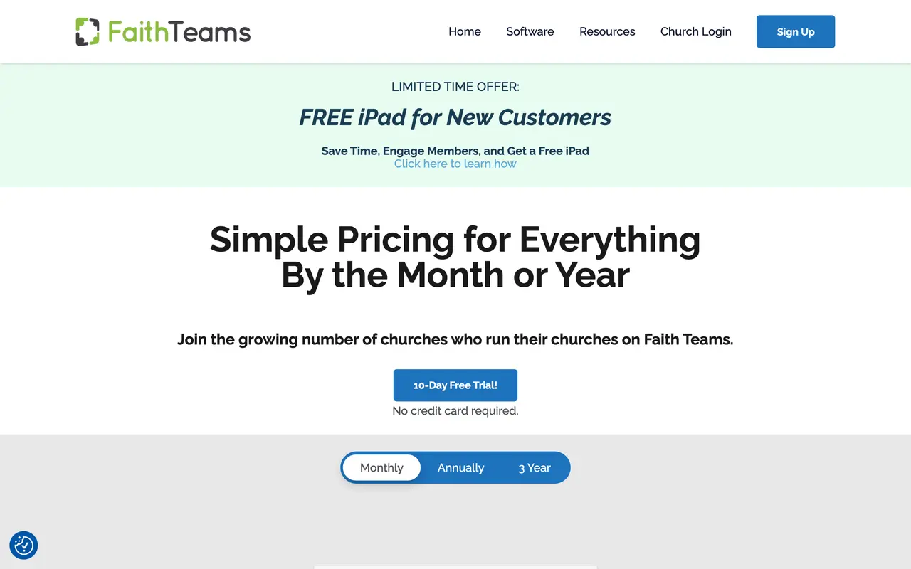 FaithTeams pricing page - Church SaaS pricing tiers and plans