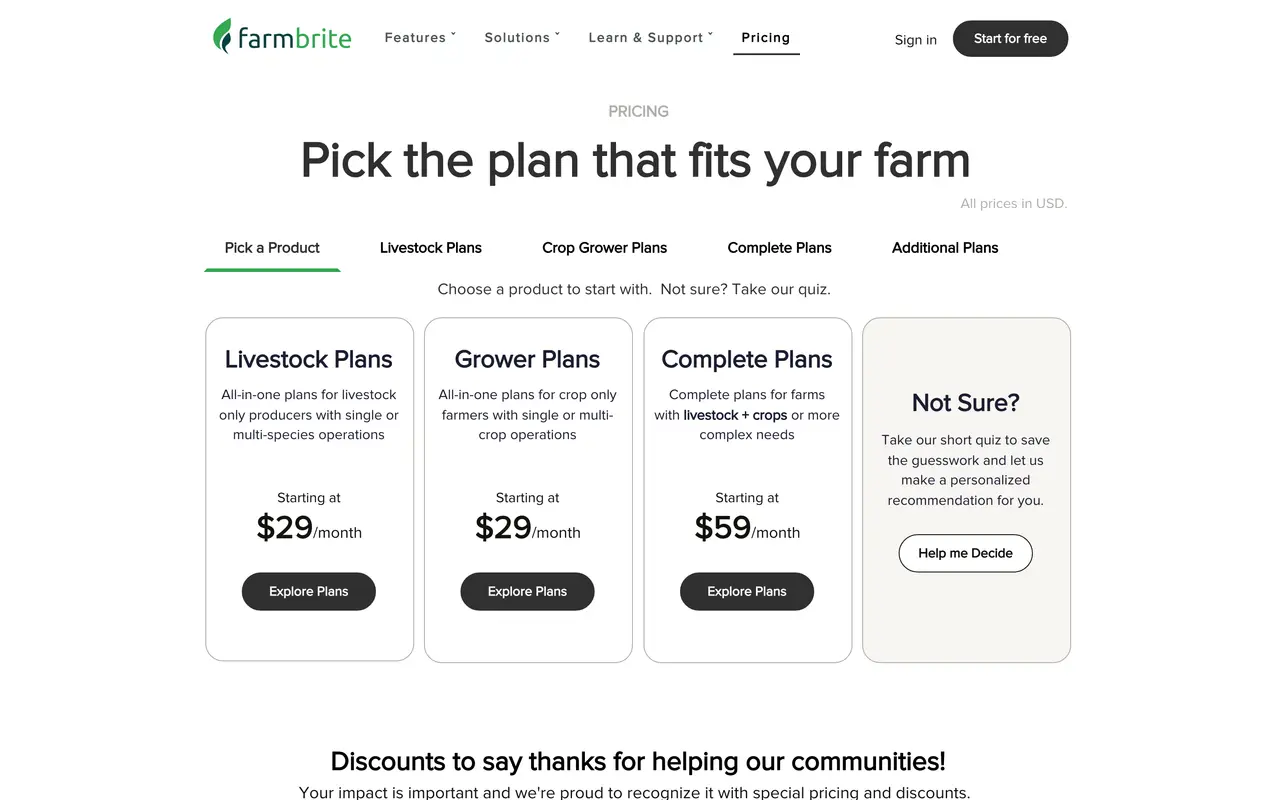 Farmbrite pricing page - Agriculture SaaS pricing tiers and plans